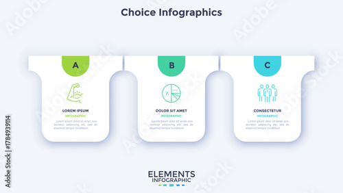 Three numbered rectangular paper frames placed in horizontal row. Concept of 3 stages of marketing strategy. Modern flat infographic design template. Simple vector illustration for business