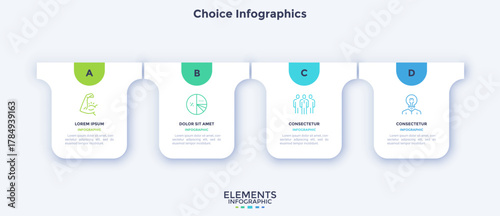 Four numbered rectangular paper frames placed in horizontal row. Concept of 4 stages of marketing strategy. Modern flat infographic design template. Simple vector illustration for business