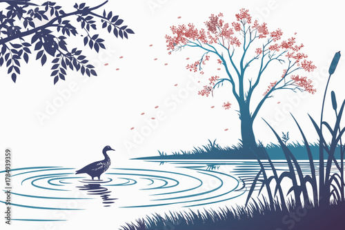 Duck standing in a lake with falling petals and trees