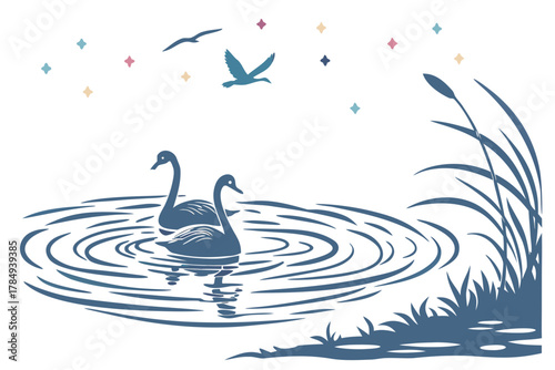 Two swans swimming in a pond with abstract stars birds
