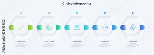Flowchart with five paper white polygones placed in horizontal row and connected by arrows. Concept of 5 steps of project development. Simple infographic design template. Neumorphic vector