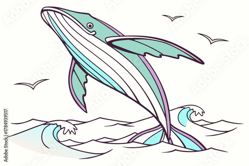 Jumping Whale Illustration with Seagulls and Waves