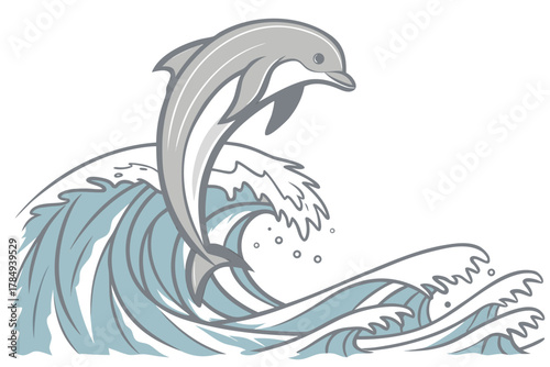 Dolphin Jumping Over Crashing Wave Illustration marine mammal