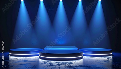 Futuristic Podium with Blue Spotlights and Metallic Platforms on Dark Background