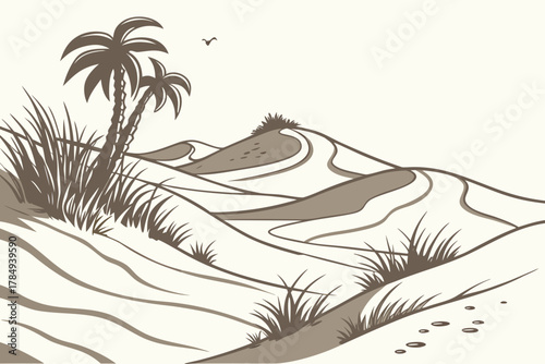 Desert oasis with palm trees and sand dunes dry grass