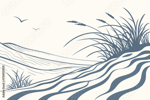 Stylized landscape with reeds and flowing lines grass