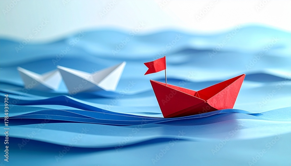 Naklejka premium Red Origami Boat Leading White Boats on Stylized Blue Waves