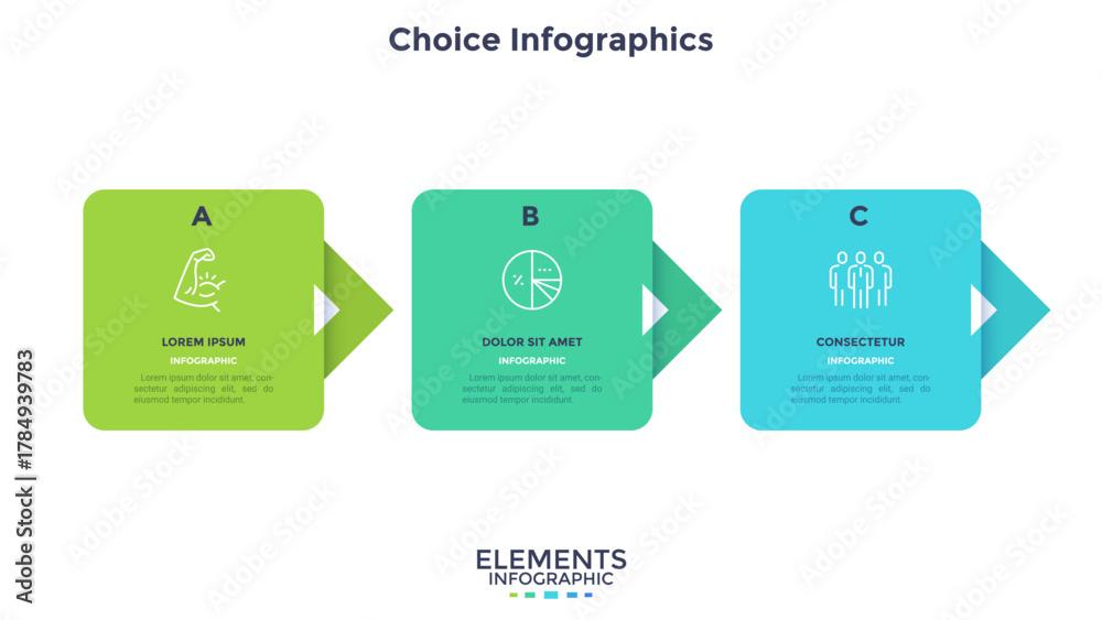 Obraz premium Progress bar with 3 arrows behind color rectangular elements placed in horizontal row. Concept of three steps to business success. Minimal infographic design template. Flat vector illustration.