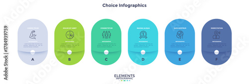 Six numbered circular frames placed in horizontal row. Concept of 6 stages of marketing strategy. Modern flat infographic design template. Simple vector illustration for business presentation.