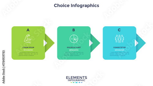 Progress bar with 3 arrows behind color rectangular elements placed in horizontal row. Concept of three steps to business success. Minimal infographic design template. Flat vector illustration.