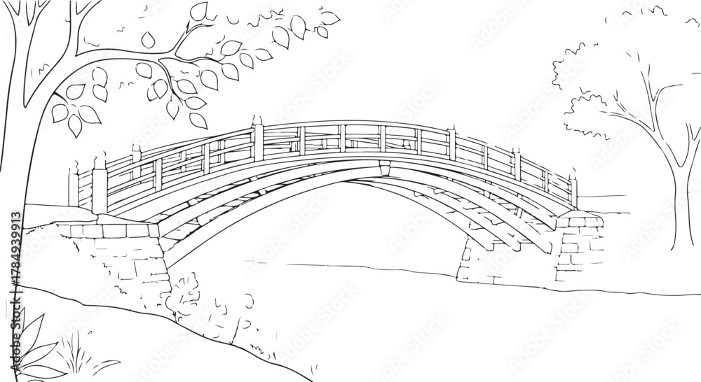 Fototapeta premium Arched Bridge Over Water with Trees Line Art