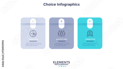 Three numbered rectangular frames placed in horizontal row. Concept of 3 stages of marketing strategy. Modern flat infographic design template. Simple vector illustration for business presentation.