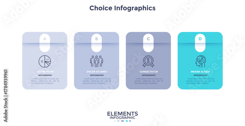 Four numbered rectangular frames placed in horizontal row. Concept of 4 stages of marketing strategy. Modern flat infographic design template. Simple vector illustration for business presentation.