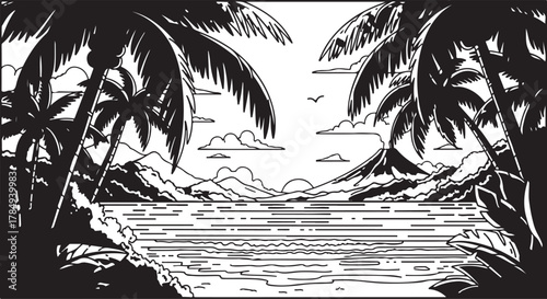 Tropical Island Landscape with Palm Trees, Ocean, and Volcano Silhouettes