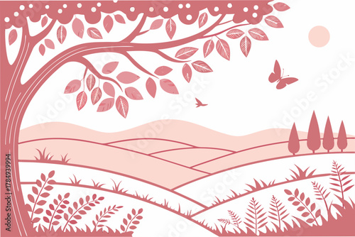 Pink landscape with tree, butterfly, bird, and rolling hills