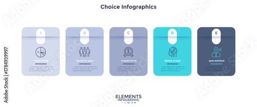 Five numbered rectangular frames placed in horizontal row. Concept of 5 stages of marketing strategy. Modern flat infographic design template. Simple vector illustration for business presentation.