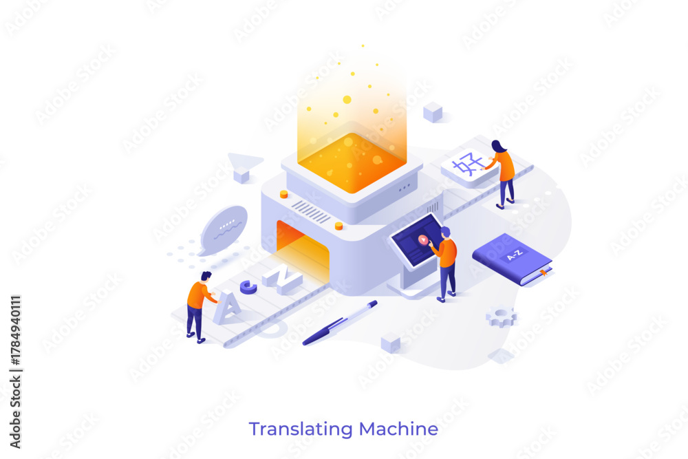 Naklejka premium Conceptual template with people putting English letters on conveyor belt and getting Chinese hieroglyphs. Scene for translating machine, online translation. Modern isometric vector illustration.