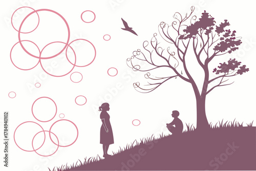 Silhouette of People and Tree with Floating Circles