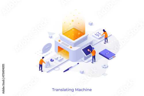 Conceptual template with people putting English letters on conveyor belt and getting Chinese hieroglyphs. Scene for translating machine, online translation. Modern isometric vector illustration.