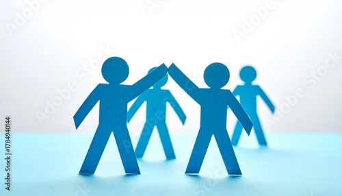 Blue Origami Figures Giving High-Five on Light Surface with Teamwork Theme