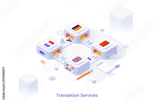 Conceptual template with letters and hieroglyphs on conveyor belt with country flags. Scene for cross-translation services, online foreign language translator. Modern isometric vector illustration.