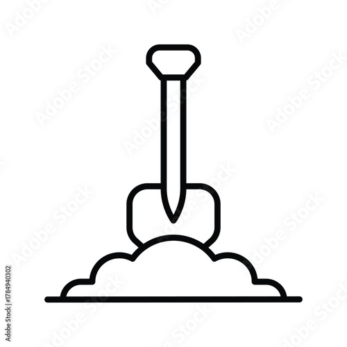 Black line drawing of a shovel in a pile of dirt