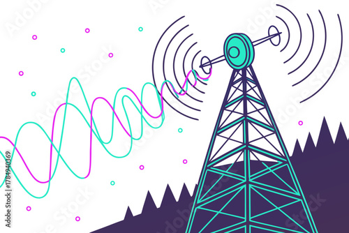 Radio tower broadcasting signals with waveforms Keywords: communication, technology, signal