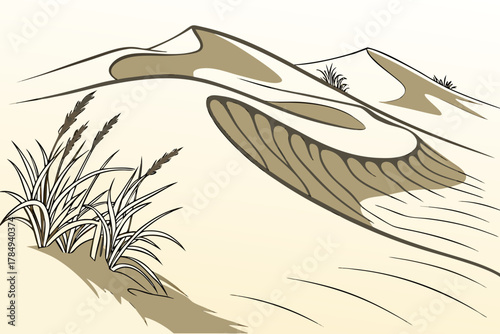 Stylized desert sand dunes with sparse grass Keywords: desert, sand, dunes, landscape, nature