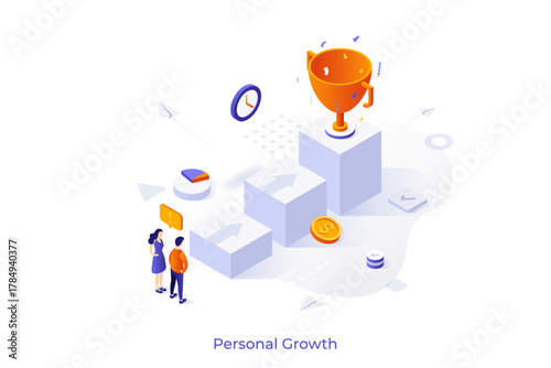 Conceptual template with people looking at steps leading towards golden champion cup. Scene for personal growth, way to success, professional goal achievement. Modern isometric vector illustration.