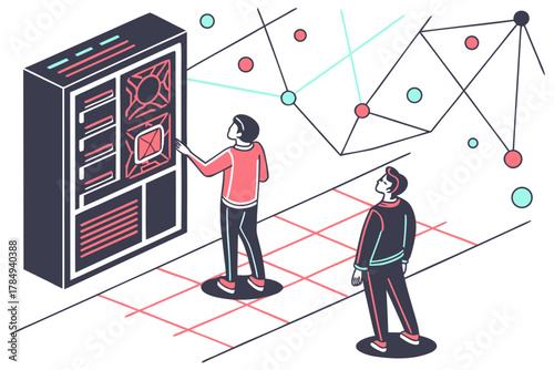 People interacting with large computer server and network visualization Keywords: technology