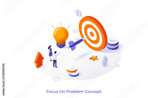 Conceptual template with people looking at dart in dartboard. Scene for focus on problem to find solution, successful business goal achievement. Modern isometric vector illustration for website.