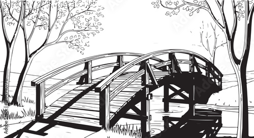 Elegant Arched Wooden Bridge in a Peaceful Natural Landscape, Rendered in Classic Black and White Line Art