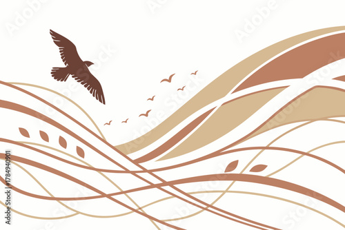 Bird flying over abstract landscape with flowing lines