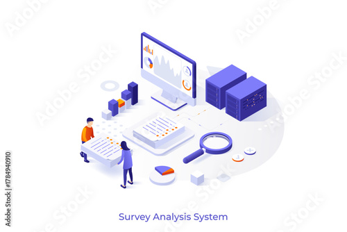 Conceptual template with people carrying piles of questionnaires, diagrams on computer screen. Scene for survey analysis system, statistical data collection. Modern isometric vector illustration.
