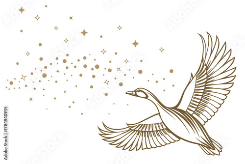 Goose flying with golden sparkles and stars bird wings