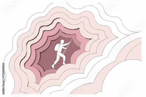 Silhouette of a climber ascending through layered abstract shapes