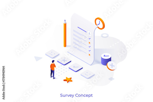Conceptual template with man filling in form or answering questions. Scene for completing online survey, customer review, consumer's opinion. Modern isometric vector illustration for webpage.