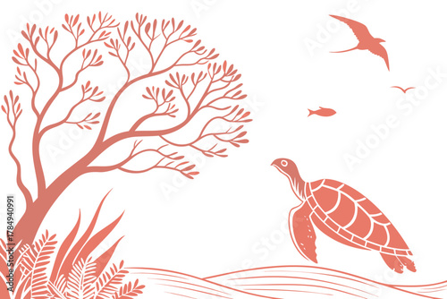 Sea turtle and birds near a stylized tree ocean water