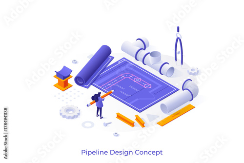 Conceptual template with engineer holding pencil looking at blueprint or scheme of piping or sewerage system. Scene for pipeline design and creation. Isometric vector illustration for website.