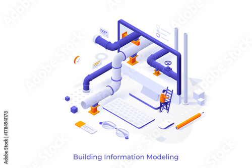 Conceptual template with man climbing ladder to enter computer screen with piping system inside. Scene for pipeline or canalization structure modeling. Isometric vector illustration for website.