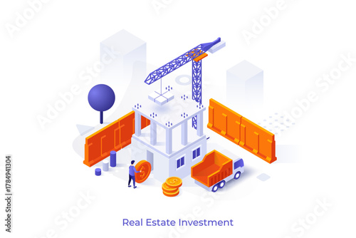 Conceptual template with man putting dollar coin into constructing building. Scene for real estate investment, mortgage, buying under-construction property. Modern isometric vector illustration.