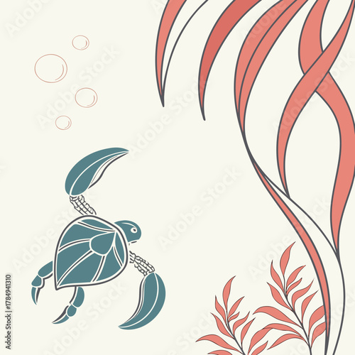 Stylized Sea Turtle and Coral on Cream Background marine life