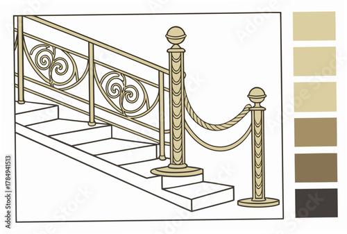Staircase with ornate railing and stanchions stairs