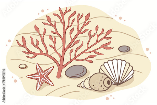 Stylized Beach Elements on Sandy Mound starfish seashell