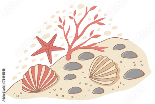 Cartoon Beach Scene with Starfish and Shells sand seashell