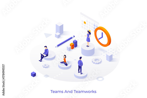 Conceptual template with office workers or clerks, clock and diagrams. Scene for teamwork, collective work of teammates, corporate team. Modern isometric vector illustration for website, webpage.