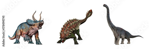 Realistic dinosaur illustration showing Triceratops, Ankylosaurus, and Brachiosaurus in detailed style.