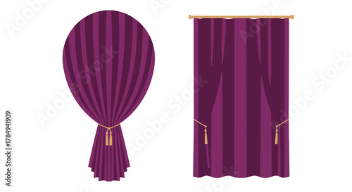 purple curtains draped elegantly with golden tassels on white background
