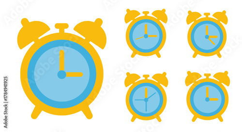 a large yellow alarm clock surrounded by smaller clocks showing different times