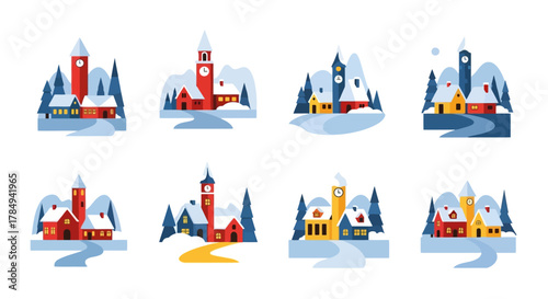 winter scenes with colorful houses snow covered landscapes and clock towers